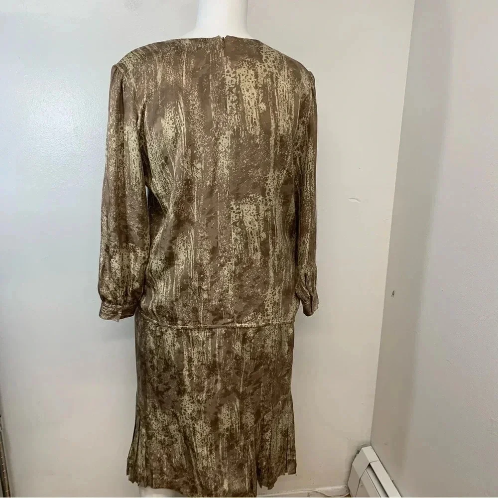 Vintage Skirt Blouse Set Size 18 100% Silk Long Sleeve Midi Pleats Elastic Wais